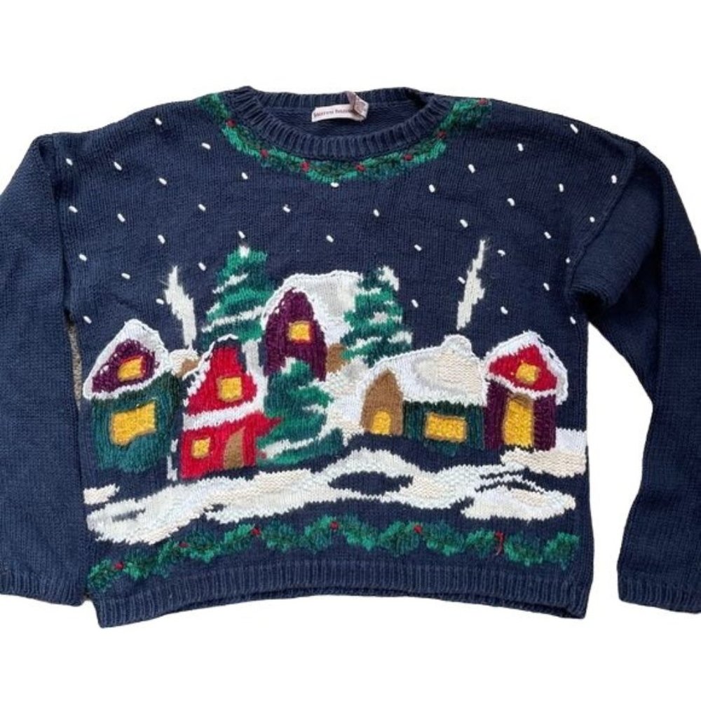 Vintage Lauren Hansen Sweater Winter Holiday Party Snow Covered Homes Sz Large